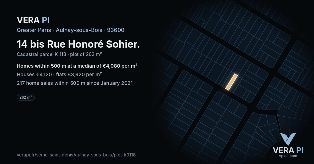 14 bis Rue Honoré Sohier, Aulnay-sous-Bois at night – the plot lit, the parcels around coloured by the prices near them