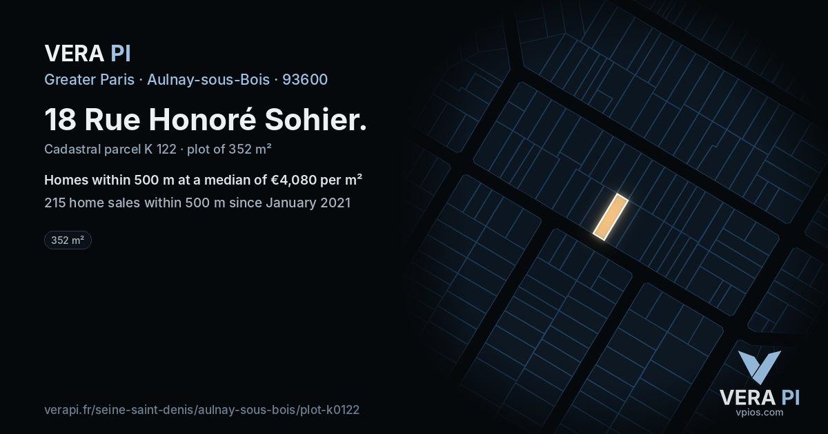18 Rue Honoré Sohier, Aulnay-sous-Bois at night – the plot lit, the parcels around coloured by the prices near them