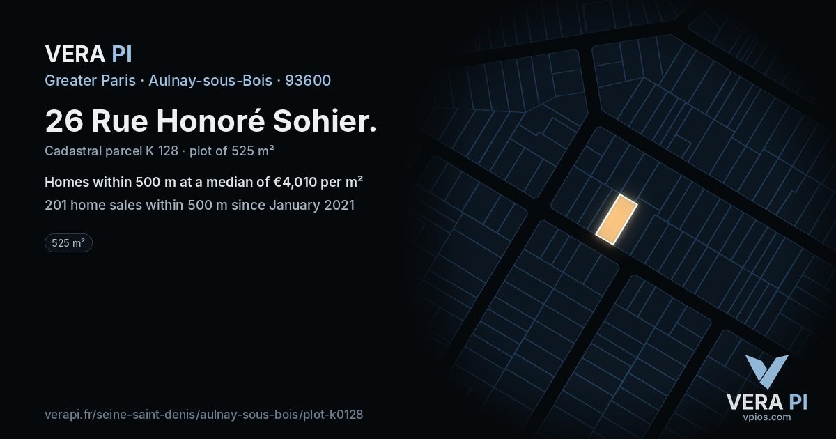 26 Rue Honoré Sohier, Aulnay-sous-Bois at night – the plot lit, the parcels around coloured by the prices near them