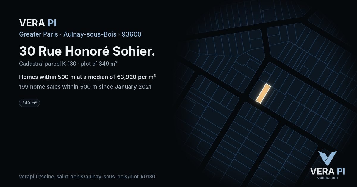 30 Rue Honoré Sohier, Aulnay-sous-Bois at night – the plot lit, the parcels around coloured by the prices near them