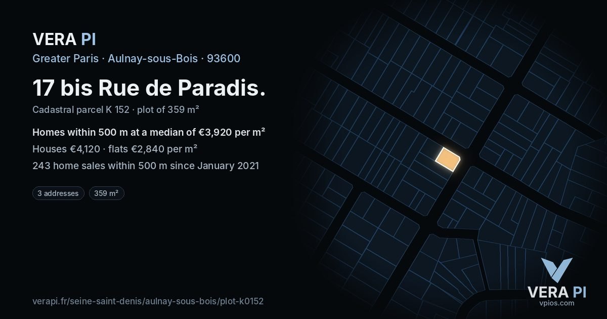 17 bis Rue de Paradis, Aulnay-sous-Bois at night – the plot lit, the parcels around coloured by the prices near them