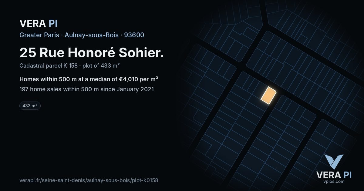 25 Rue Honoré Sohier, Aulnay-sous-Bois at night – the plot lit, the parcels around coloured by the prices near them