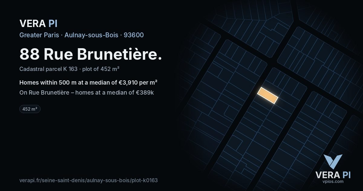 88 Rue Brunetière, Aulnay-sous-Bois at night – the plot lit, the parcels around coloured by the prices near them