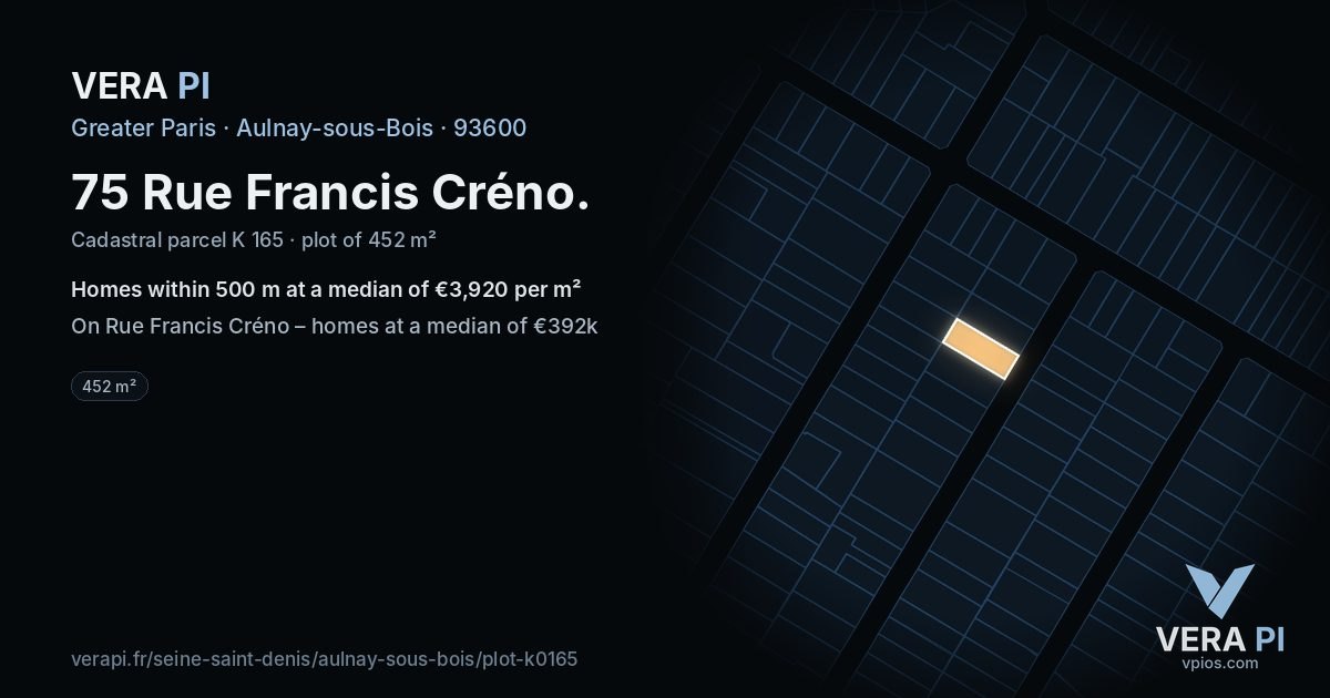 75 Rue Francis Créno, Aulnay-sous-Bois at night – the plot lit, the parcels around coloured by the prices near them