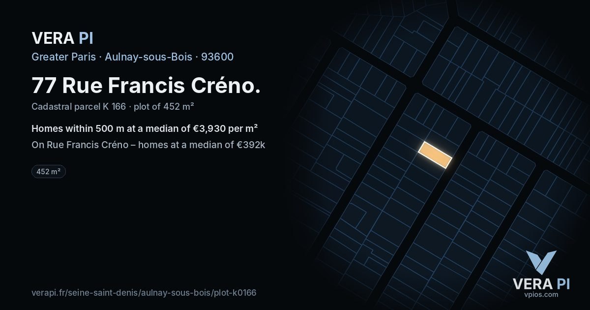 77 Rue Francis Créno, Aulnay-sous-Bois at night – the plot lit, the parcels around coloured by the prices near them