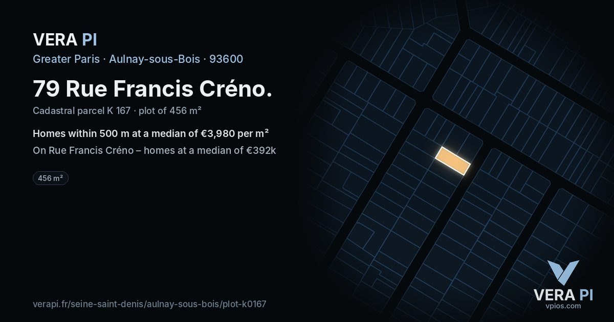 79 Rue Francis Créno, Aulnay-sous-Bois at night – the plot lit, the parcels around coloured by the prices near them