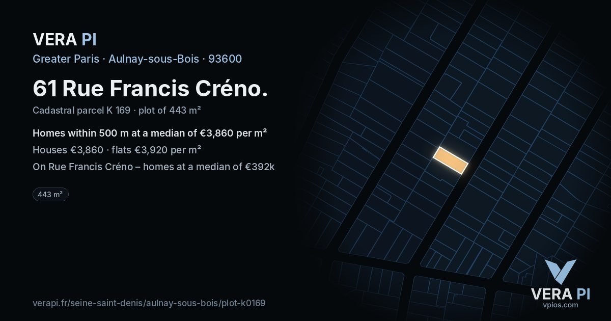 61 Rue Francis Créno, Aulnay-sous-Bois at night – the plot lit, the parcels around coloured by the prices near them
