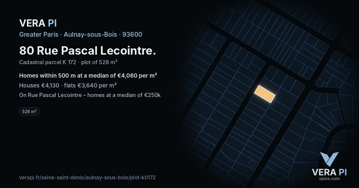 80 Rue Pascal Lecointre, Aulnay-sous-Bois at night – the plot lit, the parcels around coloured by the prices near them