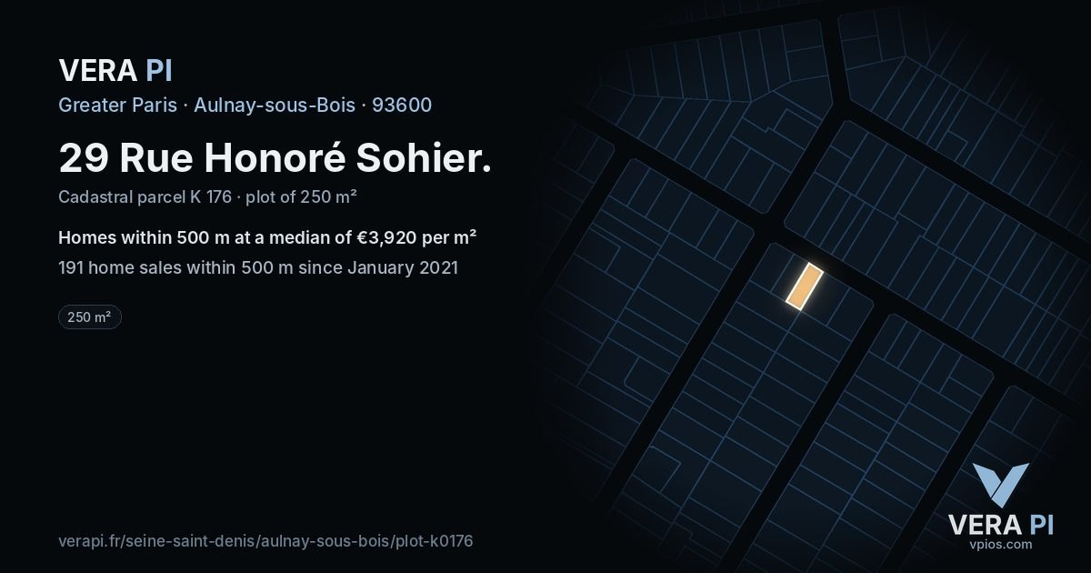 29 Rue Honoré Sohier, Aulnay-sous-Bois at night – the plot lit, the parcels around coloured by the prices near them