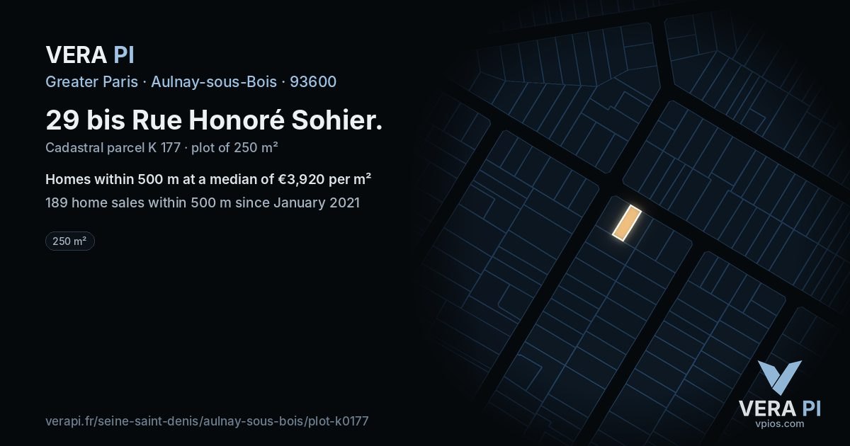 29 bis Rue Honoré Sohier, Aulnay-sous-Bois at night – the plot lit, the parcels around coloured by the prices near them