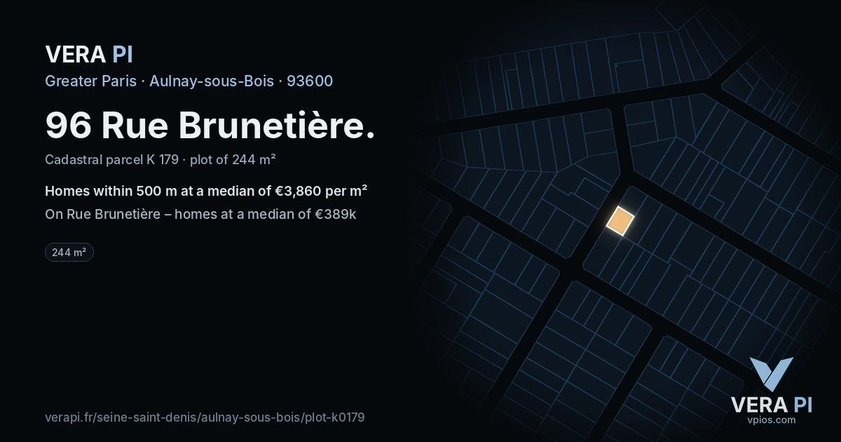 96 Rue Brunetière, Aulnay-sous-Bois at night – the plot lit, the parcels around coloured by the prices near them