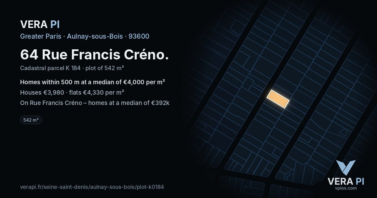 64 Rue Francis Créno, Aulnay-sous-Bois at night – the plot lit, the parcels around coloured by the prices near them
