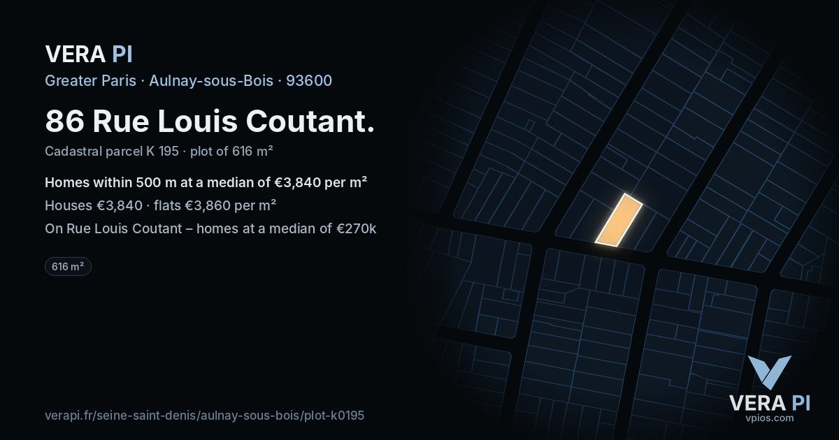 86 Rue Louis Coutant, Aulnay-sous-Bois at night – the plot lit, the parcels around coloured by the prices near them
