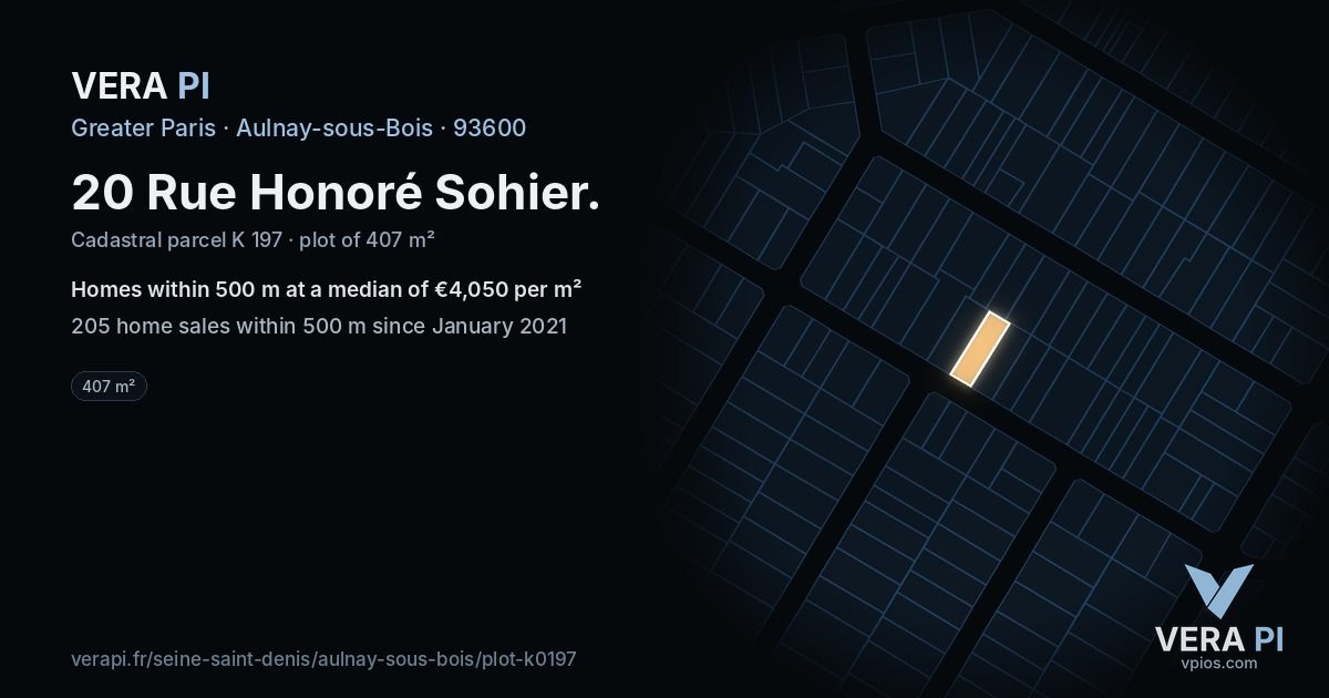20 Rue Honoré Sohier, Aulnay-sous-Bois at night – the plot lit, the parcels around coloured by the prices near them