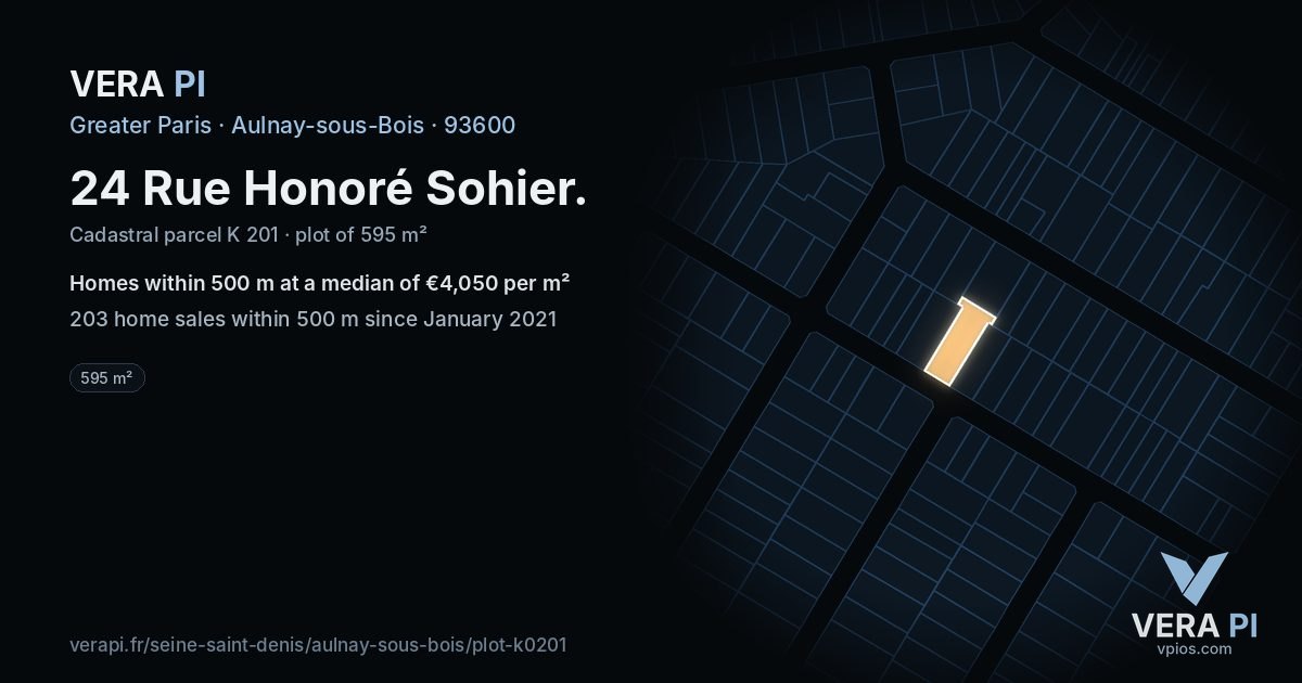 24 Rue Honoré Sohier, Aulnay-sous-Bois at night – the plot lit, the parcels around coloured by the prices near them