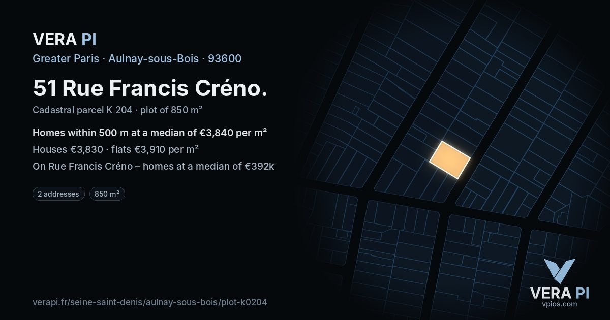 51 Rue Francis Créno, Aulnay-sous-Bois at night – the plot lit, the parcels around coloured by the prices near them