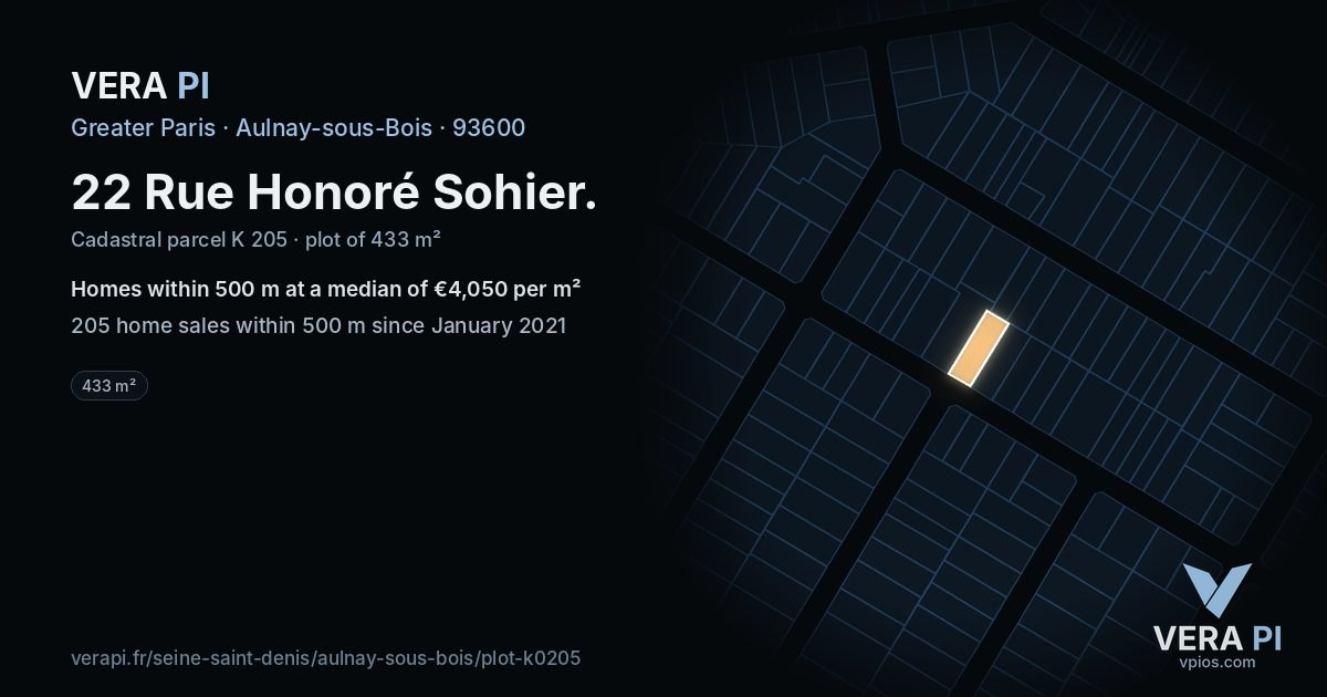 22 Rue Honoré Sohier, Aulnay-sous-Bois at night – the plot lit, the parcels around coloured by the prices near them