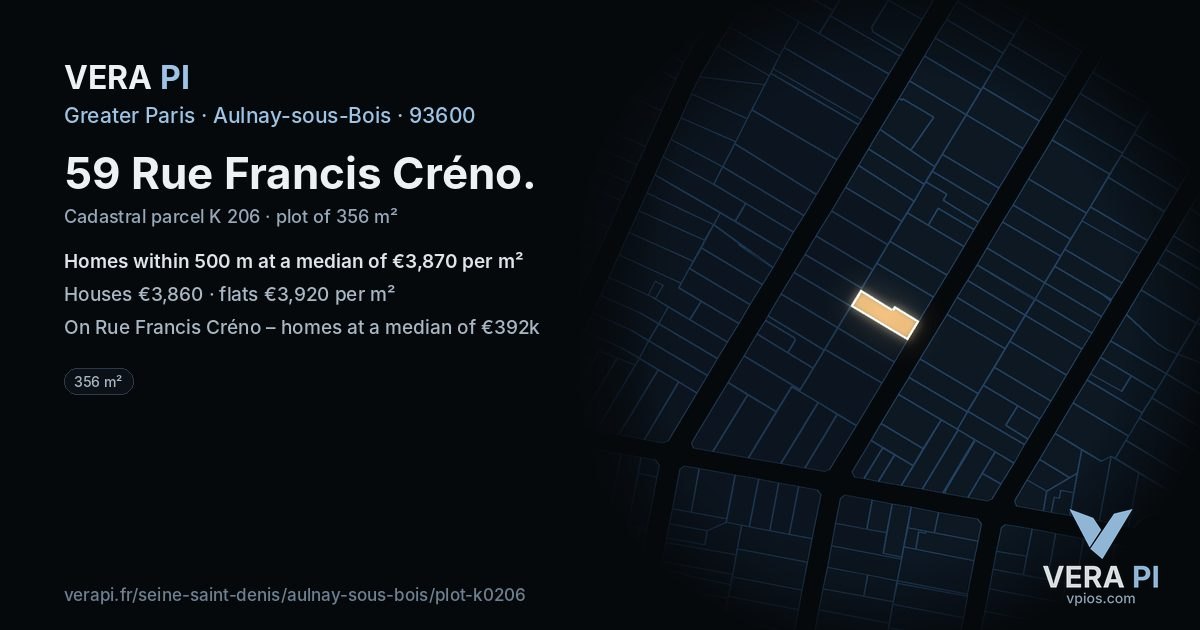 59 Rue Francis Créno, Aulnay-sous-Bois at night – the plot lit, the parcels around coloured by the prices near them