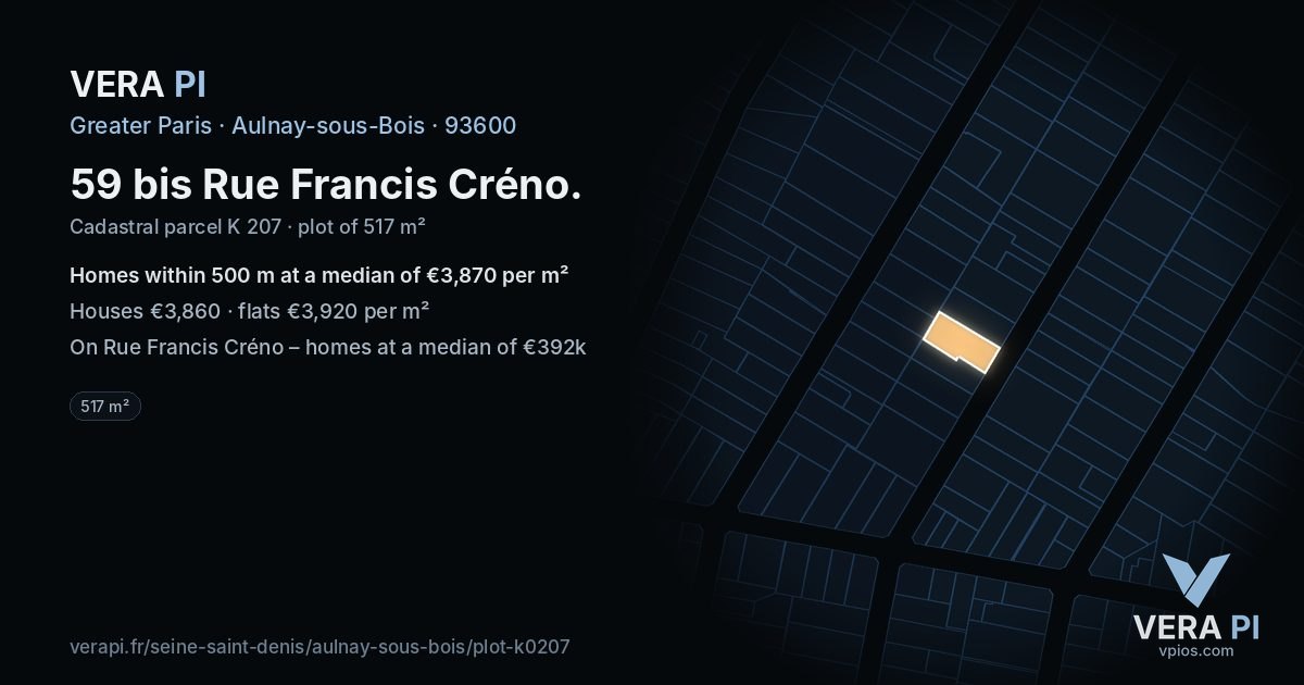 59 bis Rue Francis Créno, Aulnay-sous-Bois at night – the plot lit, the parcels around coloured by the prices near them