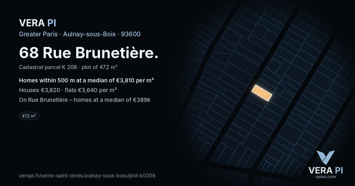 68 Rue Brunetière, Aulnay-sous-Bois at night – the plot lit, the parcels around coloured by the prices near them