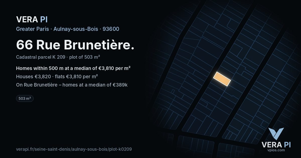 66 Rue Brunetière, Aulnay-sous-Bois at night – the plot lit, the parcels around coloured by the prices near them