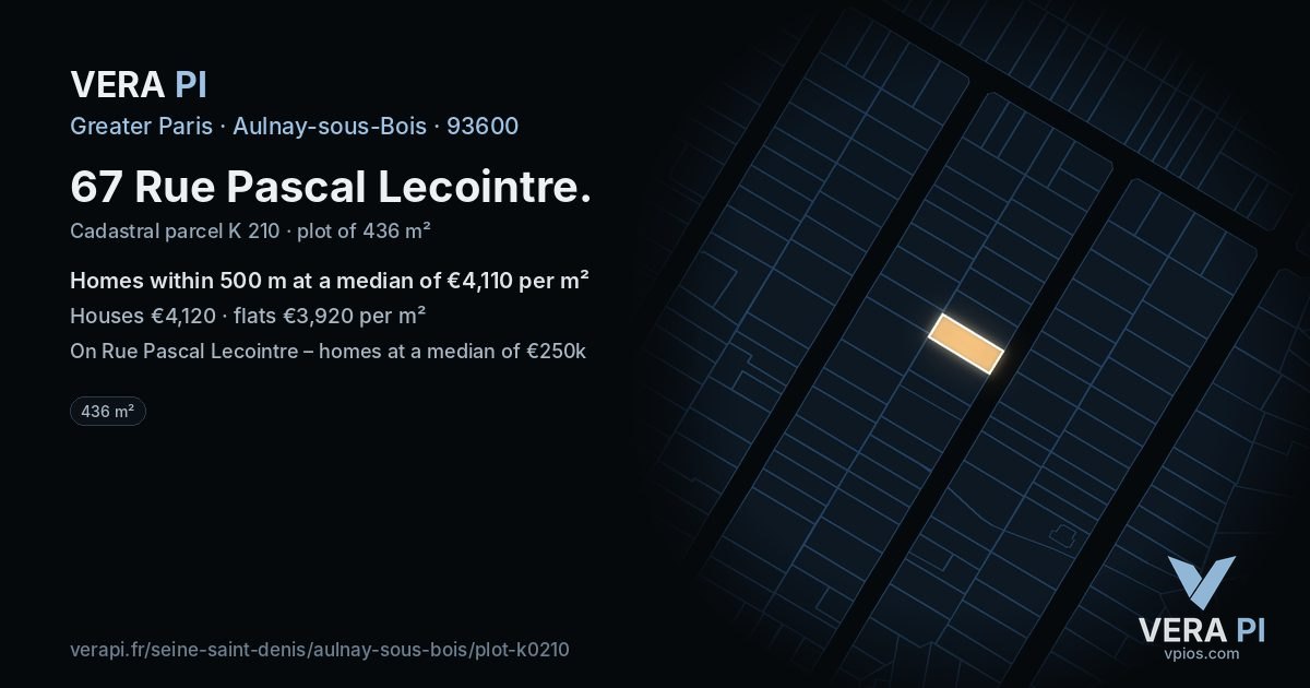 67 Rue Pascal Lecointre, Aulnay-sous-Bois at night – the plot lit, the parcels around coloured by the prices near them