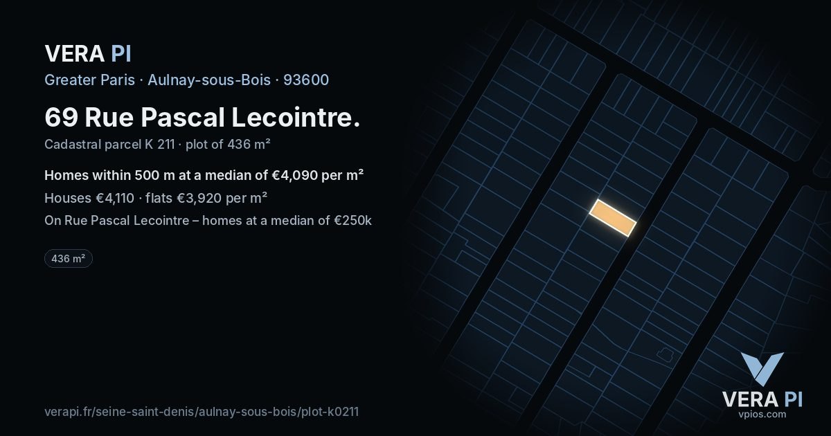 69 Rue Pascal Lecointre, Aulnay-sous-Bois at night – the plot lit, the parcels around coloured by the prices near them