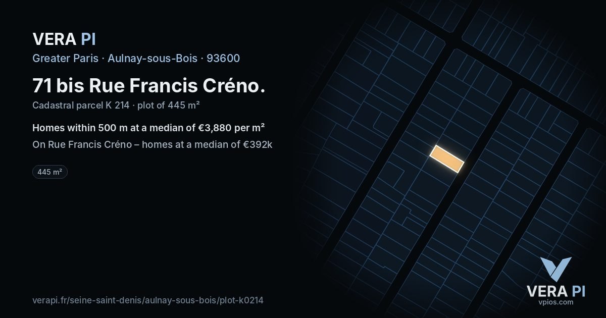 71 bis Rue Francis Créno, Aulnay-sous-Bois at night – the plot lit, the parcels around coloured by the prices near them