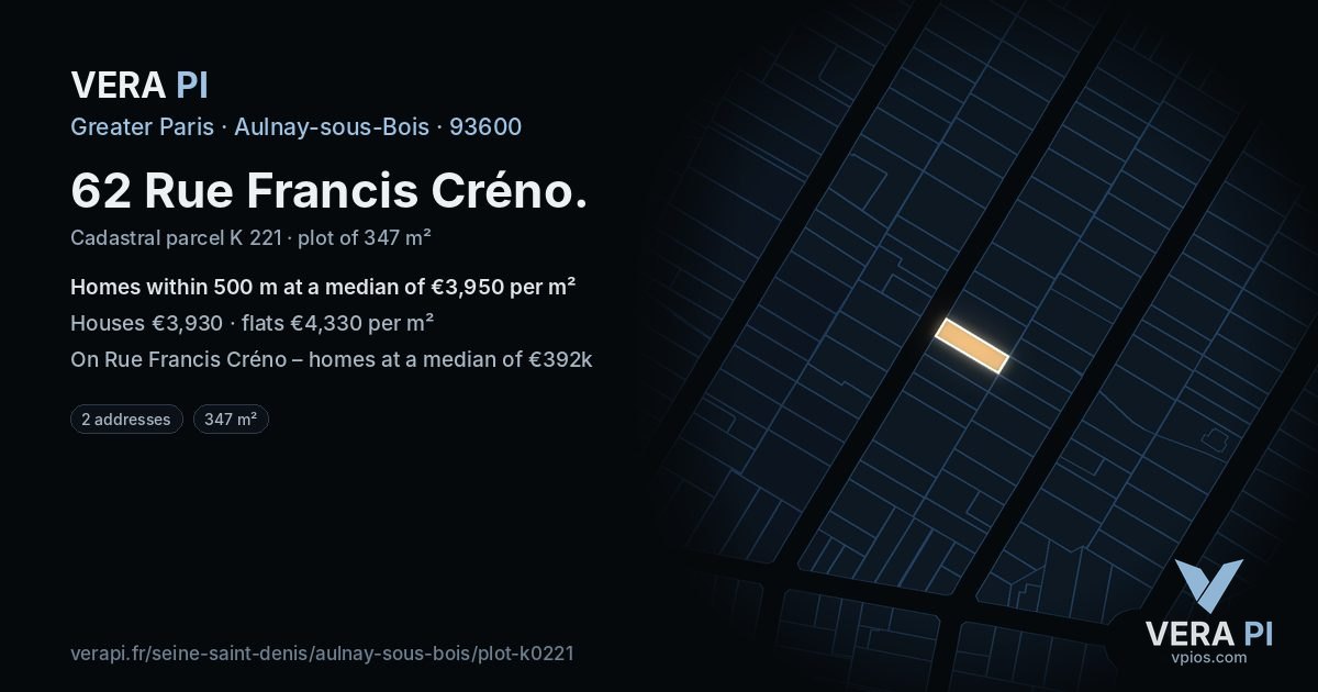 62 Rue Francis Créno, Aulnay-sous-Bois at night – the plot lit, the parcels around coloured by the prices near them