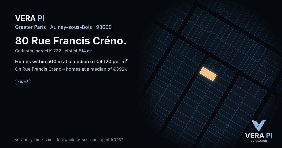 80 Rue Francis Créno, Aulnay-sous-Bois at night – the plot lit, the parcels around coloured by the prices near them