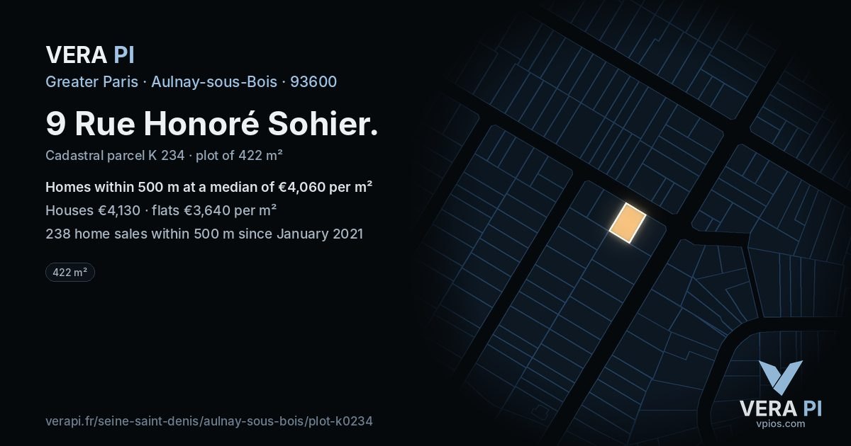 9 Rue Honoré Sohier, Aulnay-sous-Bois at night – the plot lit, the parcels around coloured by the prices near them