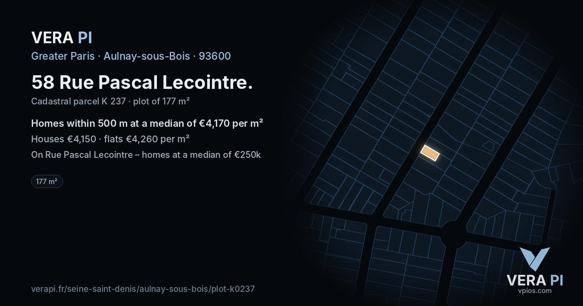 58 Rue Pascal Lecointre, Aulnay-sous-Bois at night – the plot lit, the parcels around coloured by the prices near them