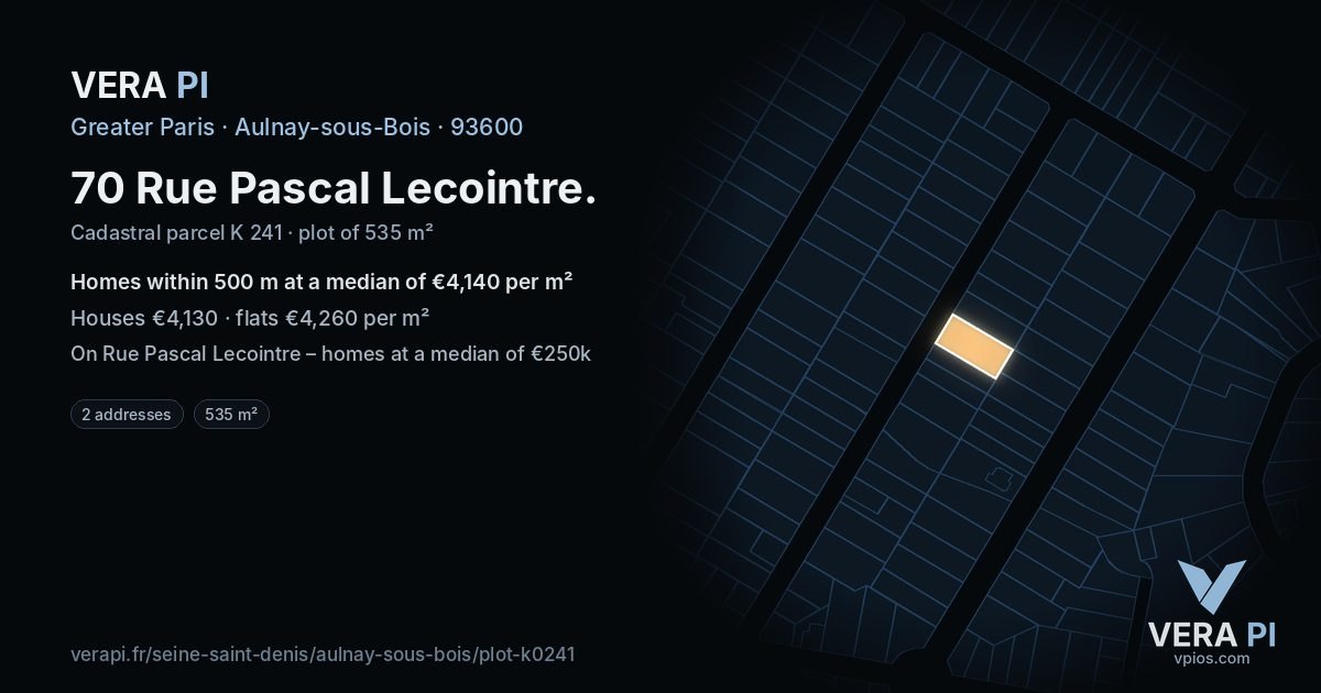70 Rue Pascal Lecointre, Aulnay-sous-Bois at night – the plot lit, the parcels around coloured by the prices near them