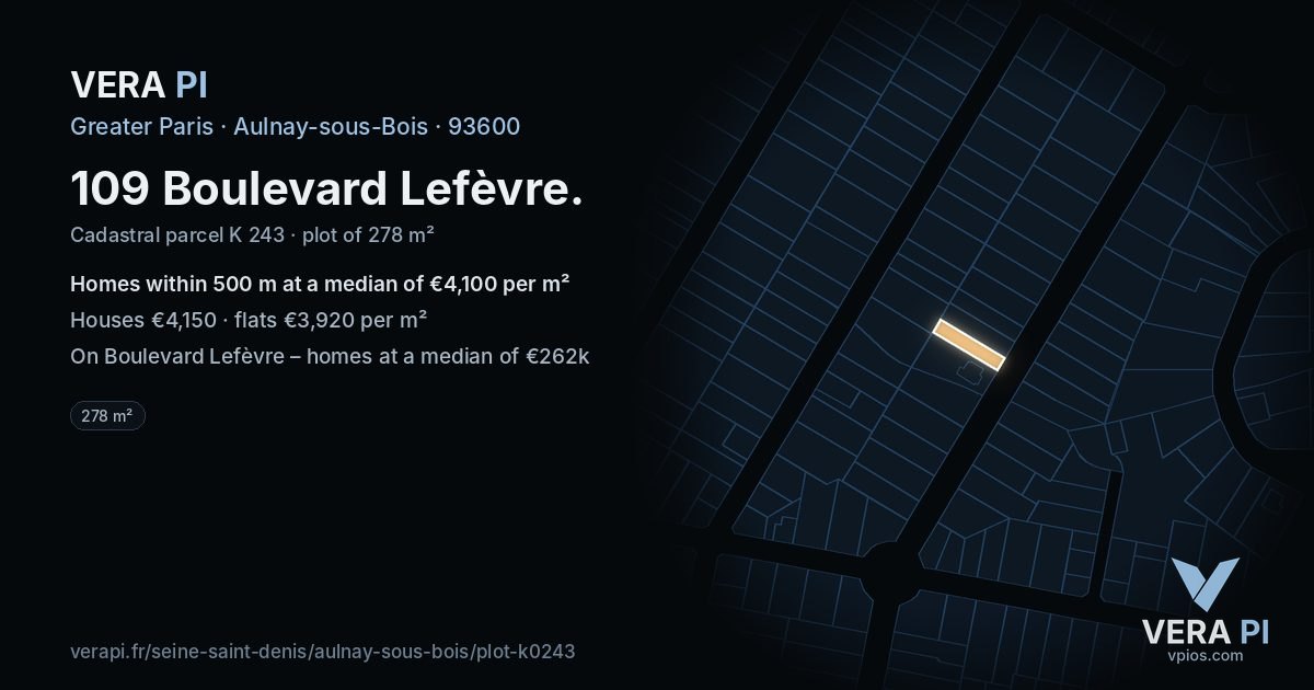 109 Boulevard Lefèvre, Aulnay-sous-Bois at night – the plot lit, the parcels around coloured by the prices near them
