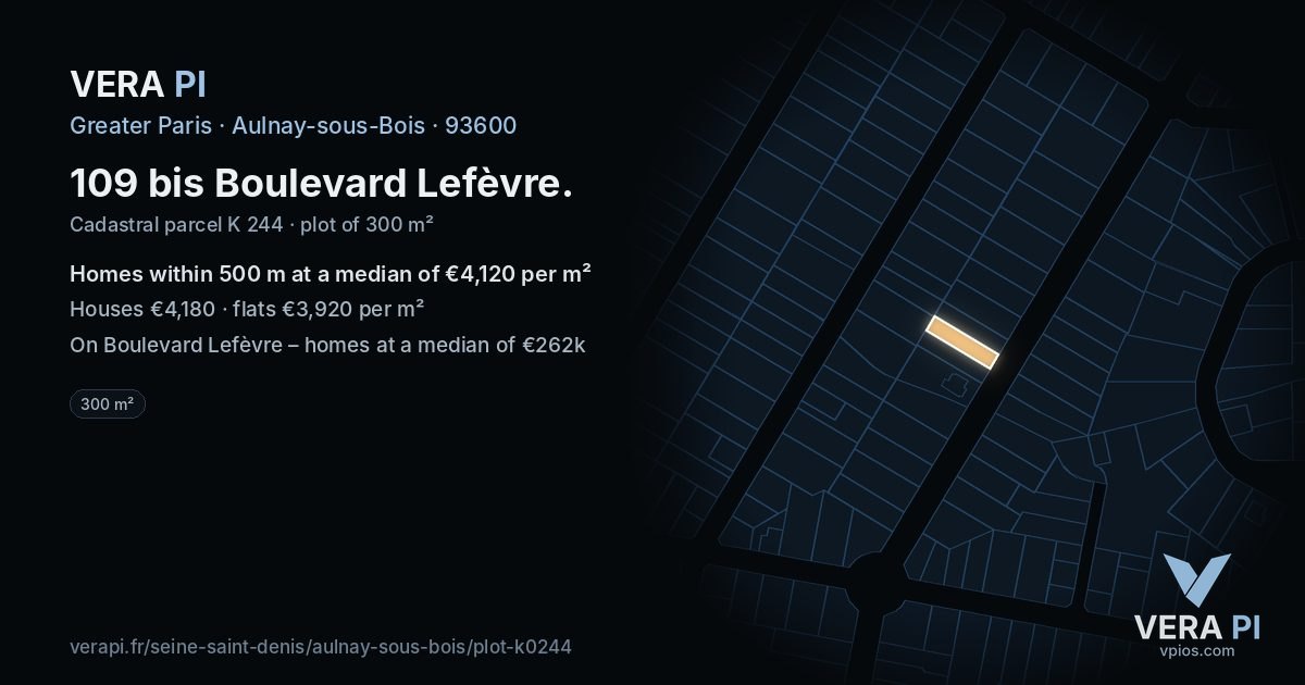 109 bis Boulevard Lefèvre, Aulnay-sous-Bois at night – the plot lit, the parcels around coloured by the prices near them