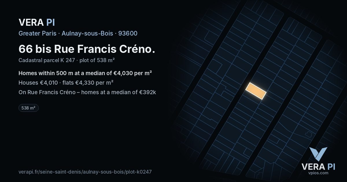 66 bis Rue Francis Créno, Aulnay-sous-Bois at night – the plot lit, the parcels around coloured by the prices near them