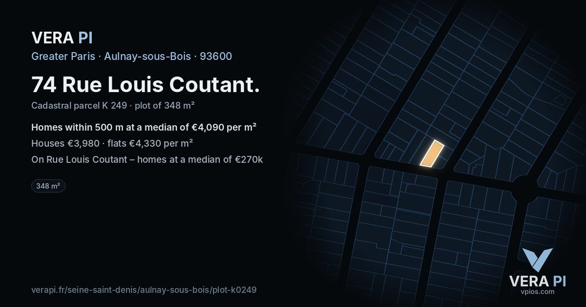 74 Rue Louis Coutant, Aulnay-sous-Bois at night – the plot lit, the parcels around coloured by the prices near them