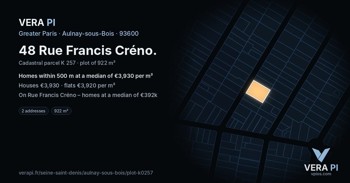 48 Rue Francis Créno, Aulnay-sous-Bois at night – the plot lit, the parcels around coloured by the prices near them