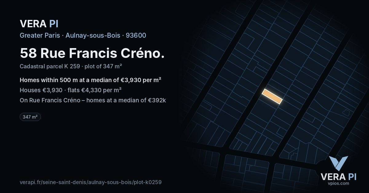 58 Rue Francis Créno, Aulnay-sous-Bois at night – the plot lit, the parcels around coloured by the prices near them