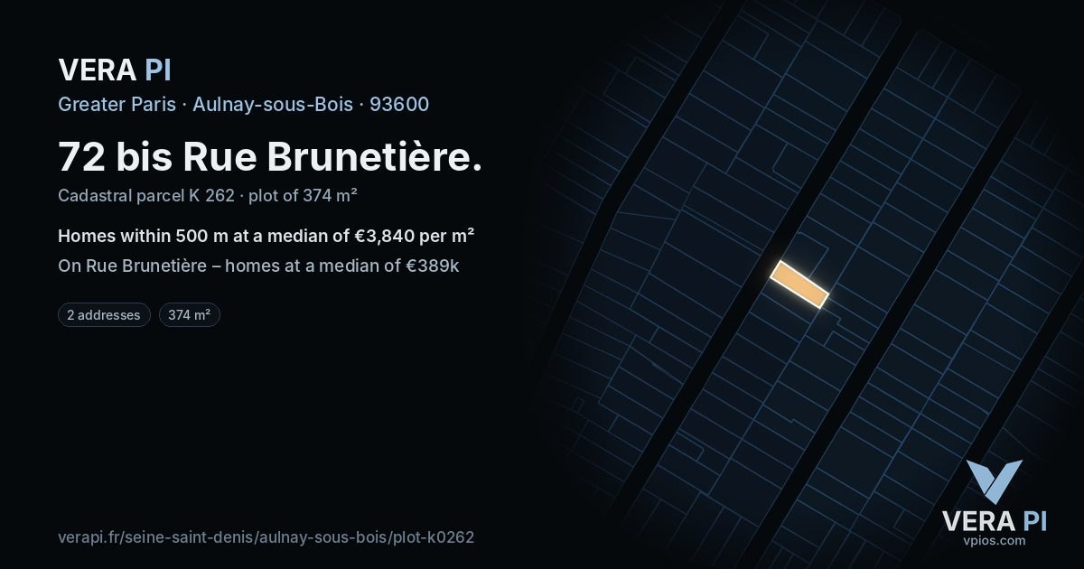 72 bis Rue Brunetière, Aulnay-sous-Bois at night – the plot lit, the parcels around coloured by the prices near them