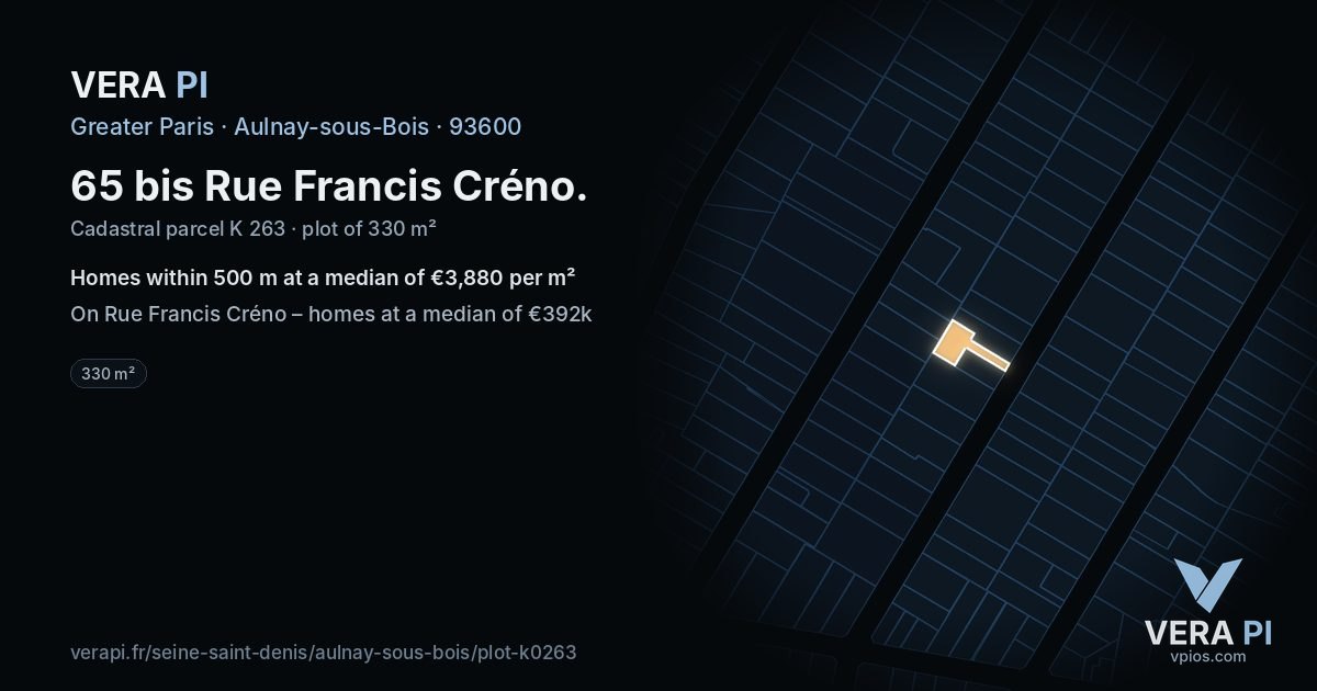 65 bis Rue Francis Créno, Aulnay-sous-Bois at night – the plot lit, the parcels around coloured by the prices near them