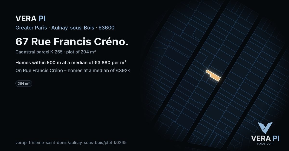 67 Rue Francis Créno, Aulnay-sous-Bois at night – the plot lit, the parcels around coloured by the prices near them