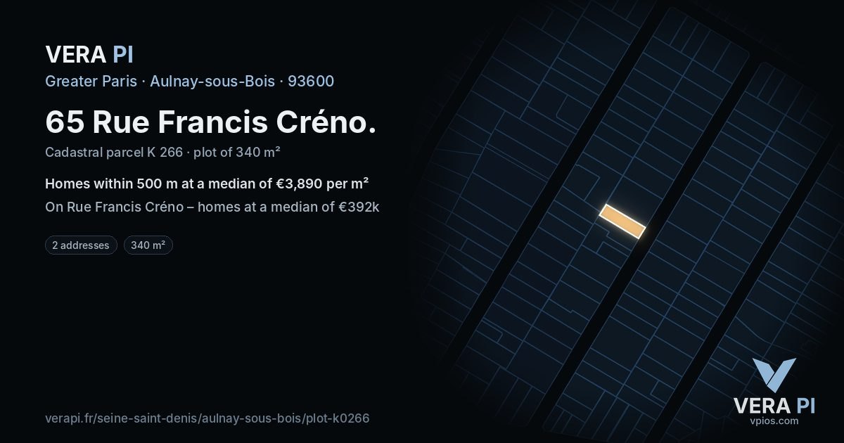 65 Rue Francis Créno, Aulnay-sous-Bois at night – the plot lit, the parcels around coloured by the prices near them