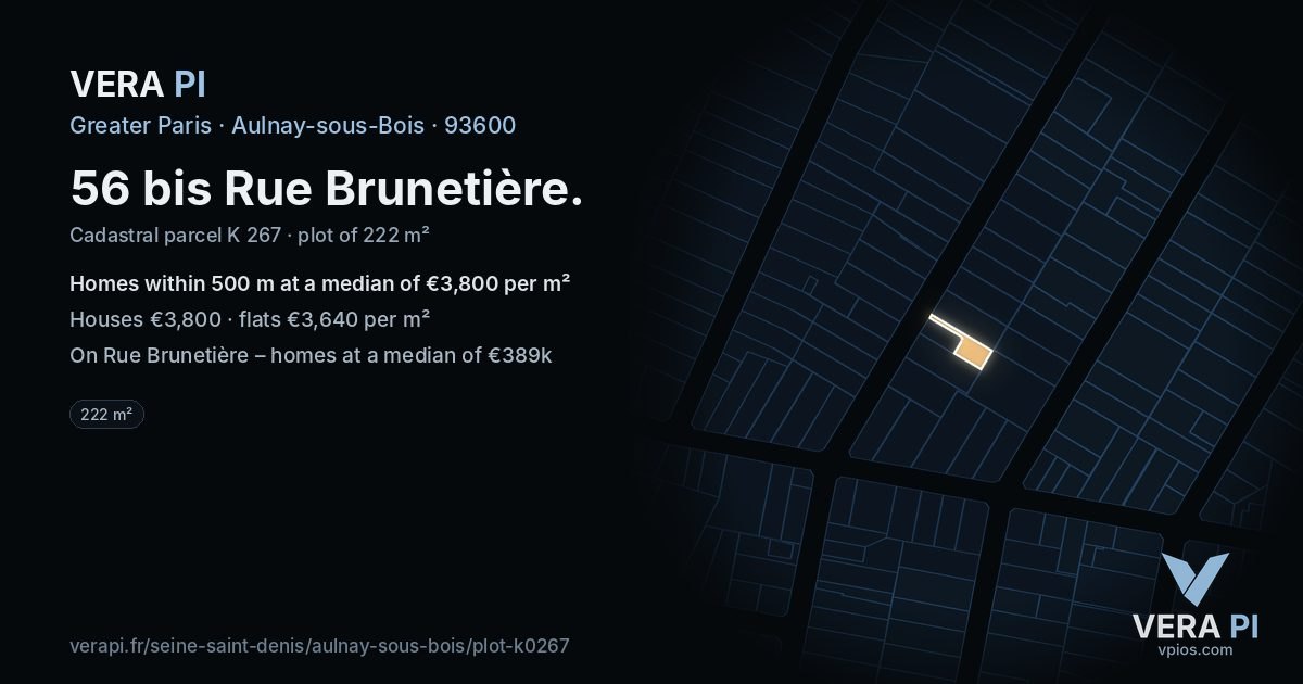 56 bis Rue Brunetière, Aulnay-sous-Bois at night – the plot lit, the parcels around coloured by the prices near them