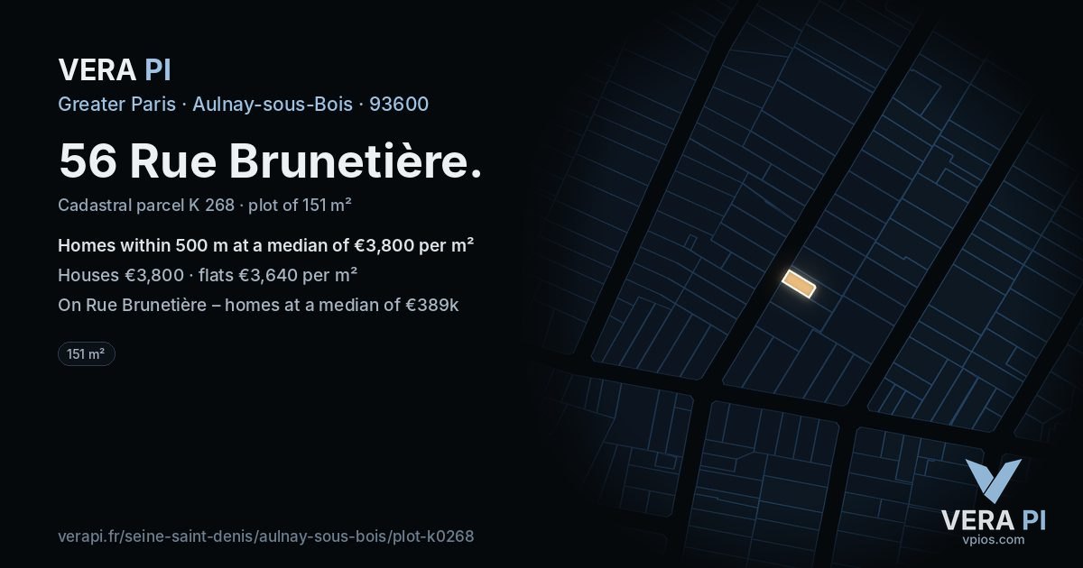 56 Rue Brunetière, Aulnay-sous-Bois at night – the plot lit, the parcels around coloured by the prices near them