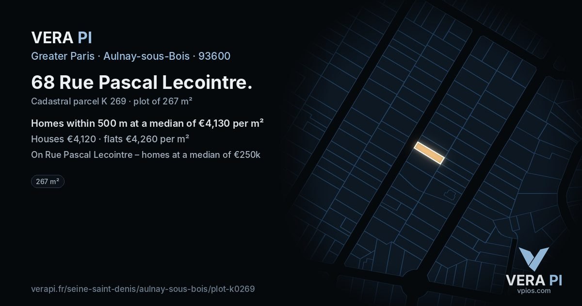 68 Rue Pascal Lecointre, Aulnay-sous-Bois at night – the plot lit, the parcels around coloured by the prices near them