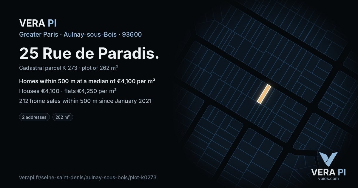 25 Rue de Paradis, Aulnay-sous-Bois at night – the plot lit, the parcels around coloured by the prices near them