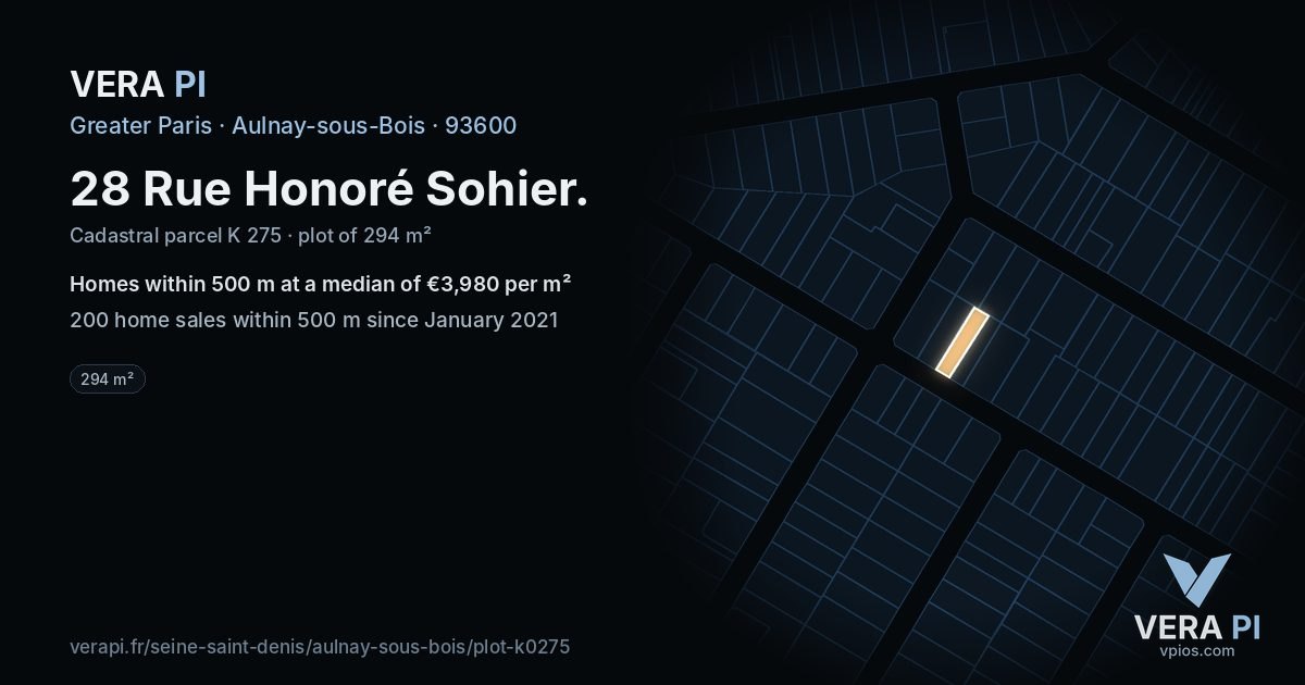 28 Rue Honoré Sohier, Aulnay-sous-Bois at night – the plot lit, the parcels around coloured by the prices near them