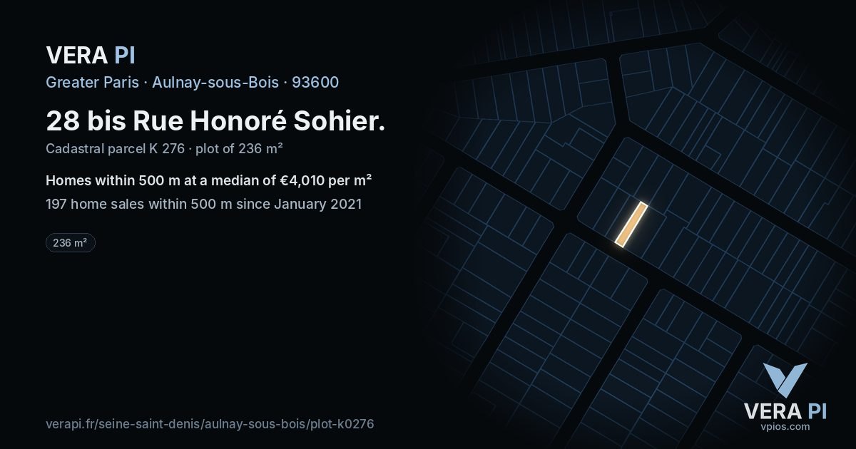28 bis Rue Honoré Sohier, Aulnay-sous-Bois at night – the plot lit, the parcels around coloured by the prices near them