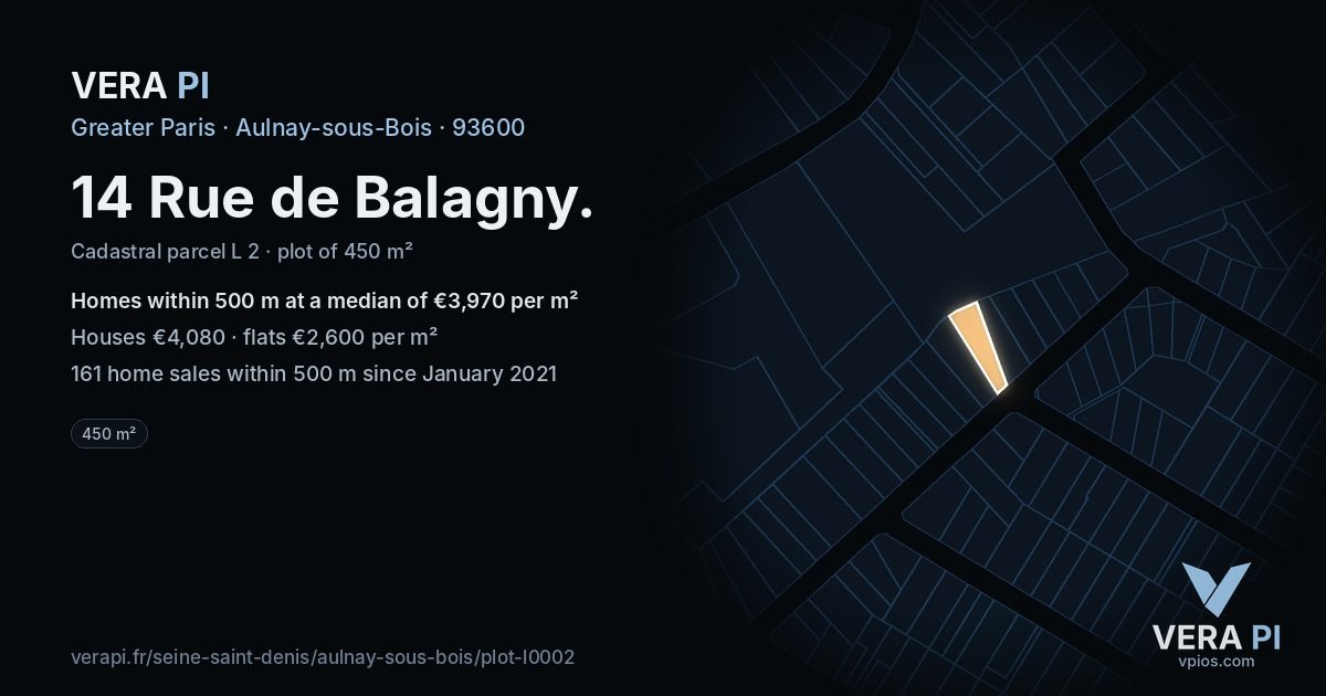 14 Rue de Balagny, Aulnay-sous-Bois at night – the plot lit, the parcels around coloured by the prices near them
